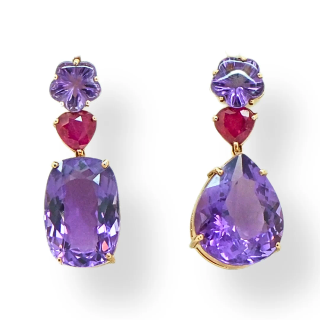 Abstract Amethyst and Ruby Earrings