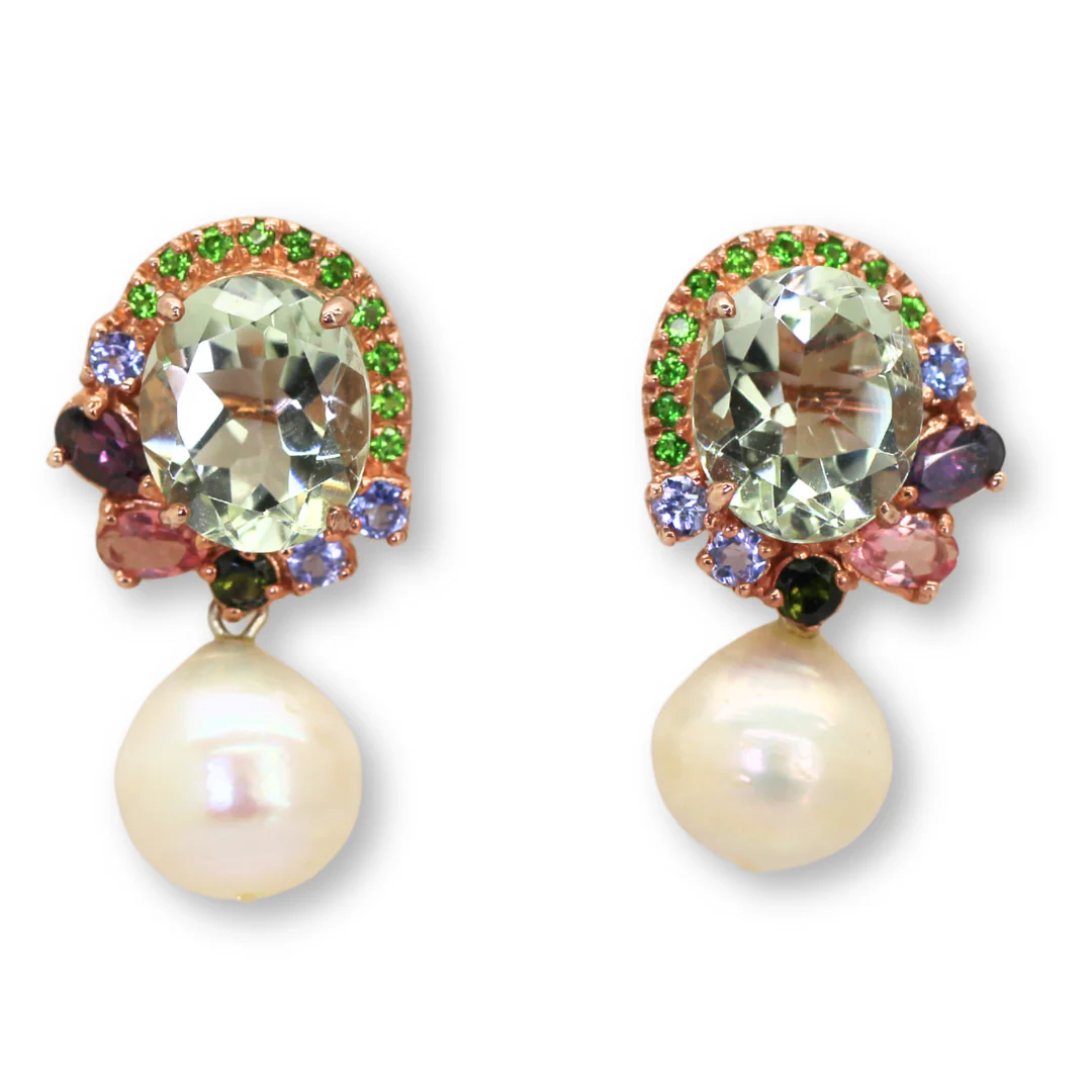 Green and Purple Amethyst with Freshwater Pearl Earrings