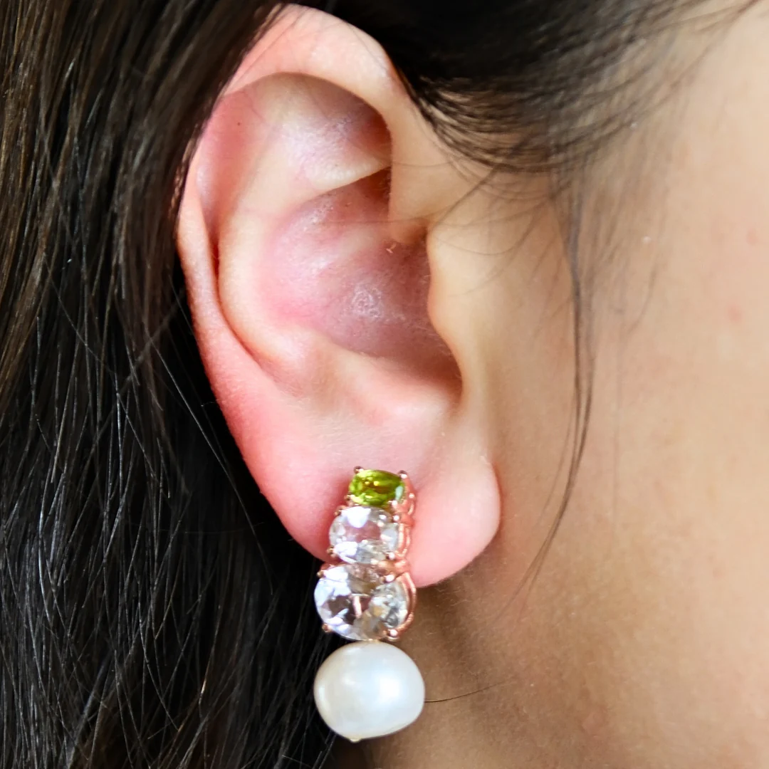 Green Peridot White Topaz and Freshwater Pearl Earrings - Image 2