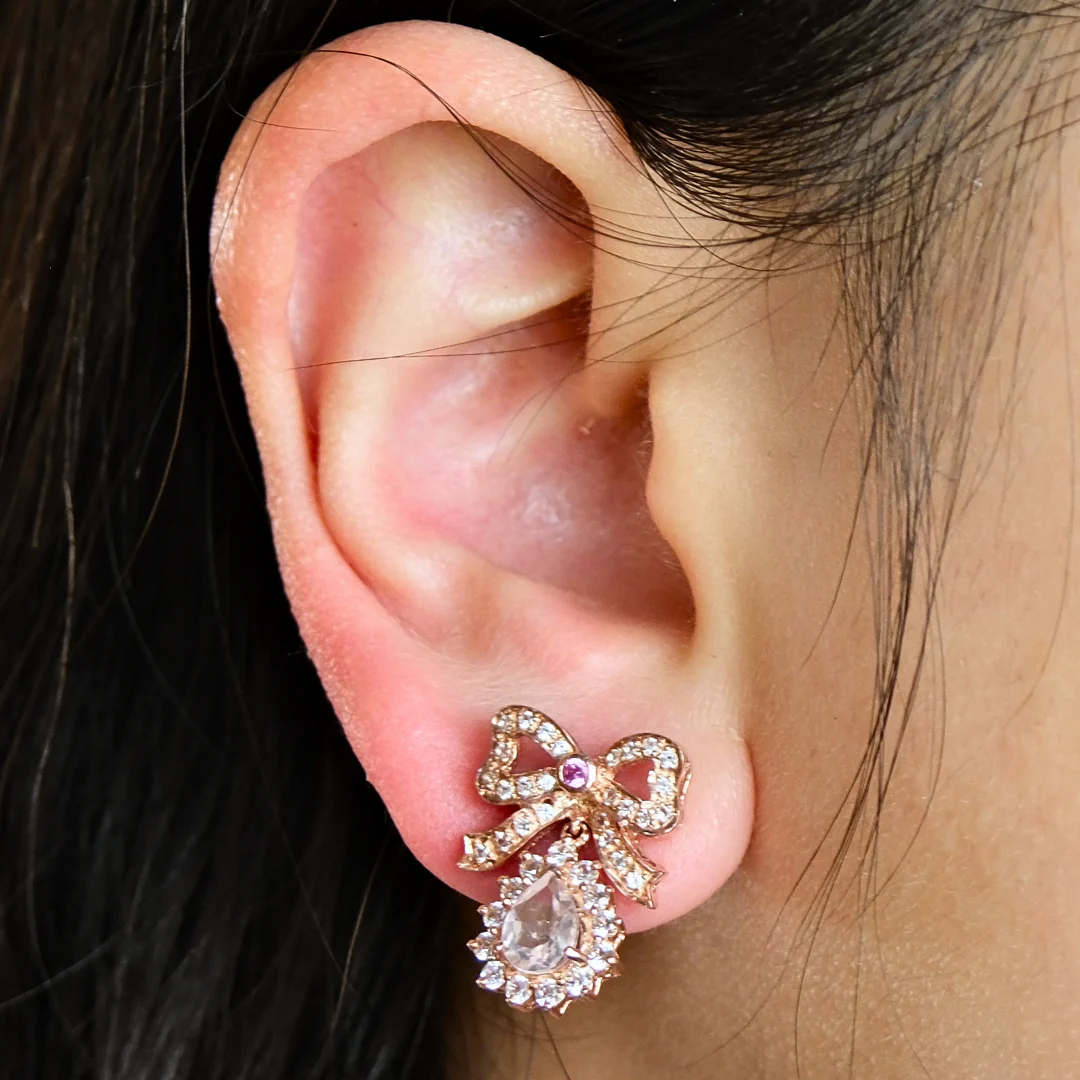 Rose and White Quartz Bow Earrings - Image 2